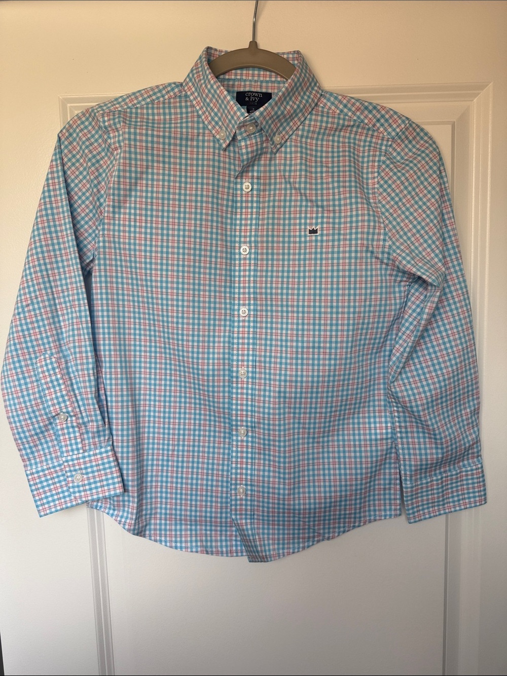 NWT Boys crown & ivy Light Blue and Pink Check Button-Down Shirt size small